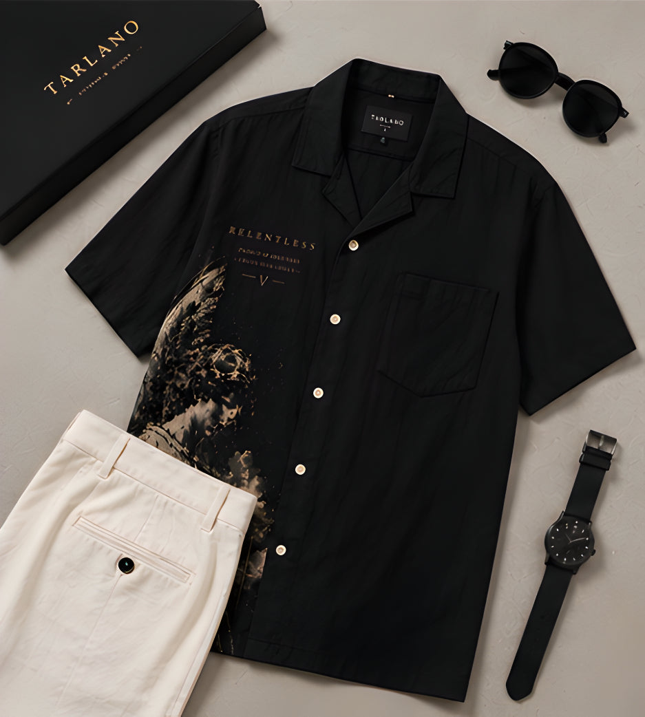 Relentless Graphic Resort Shirt - Black | Tarlano