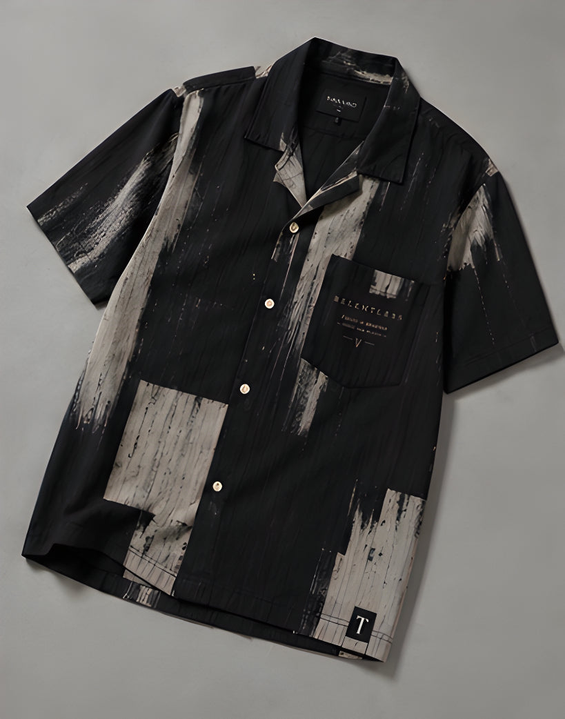 Relentless Brushstroke Camp Collar Shirt - Black | Tarlano