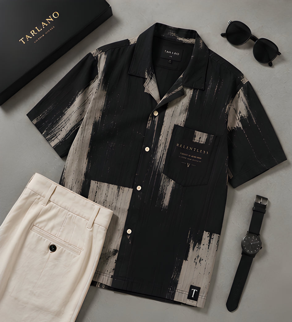 Relentless Brushstroke Camp Collar Shirt - Black | Tarlano