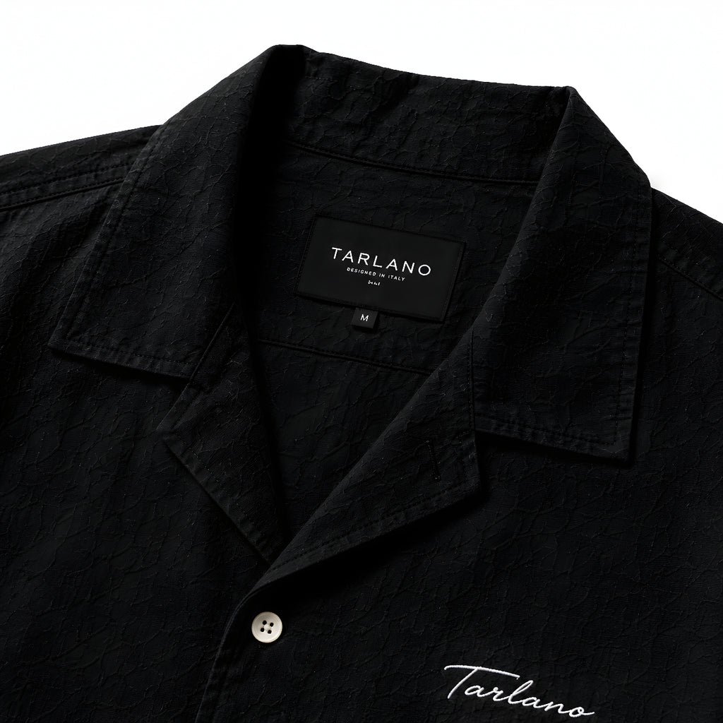 Textured Camp Collar Short Sleeve Shirt - Black | Tarlano