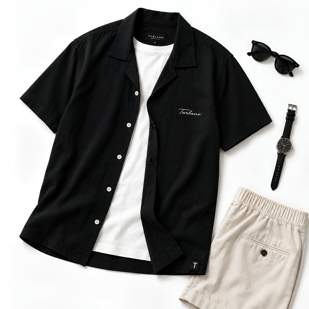 Textured Camp Collar Short Sleeve Shirt - Black | Tarlano